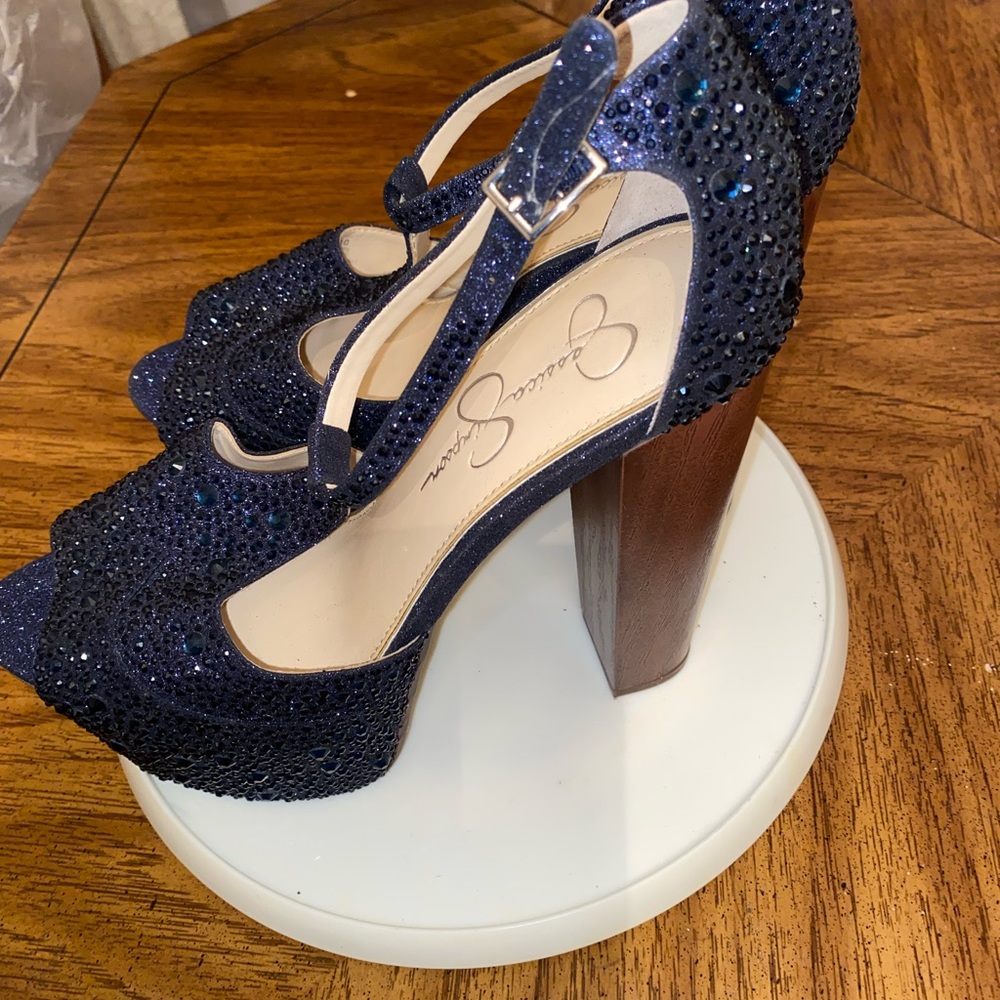 Jessica Simpson Dany T-strap platform heels Sz 9 blue rhinestone